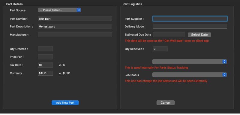 RAMMS 8 Part order screen